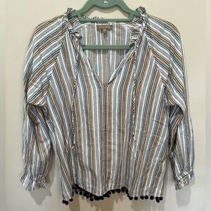 LILLA P Striped Bottom Tassel Cotton Peasant Top Sz‎ S
